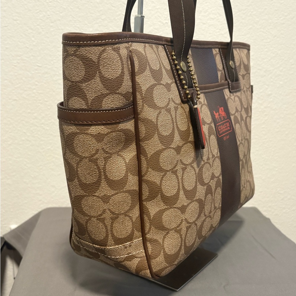 Coach Signature Canvas Tote in Brown, Tan and Red Accent - Picture 3 of 11